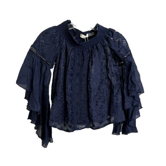 Ramy Brook Tops - Ramy Brook Women's Sz XS Blouse Navy‎ Lace Ruffle Sleeves Off The Shoulder NWT
